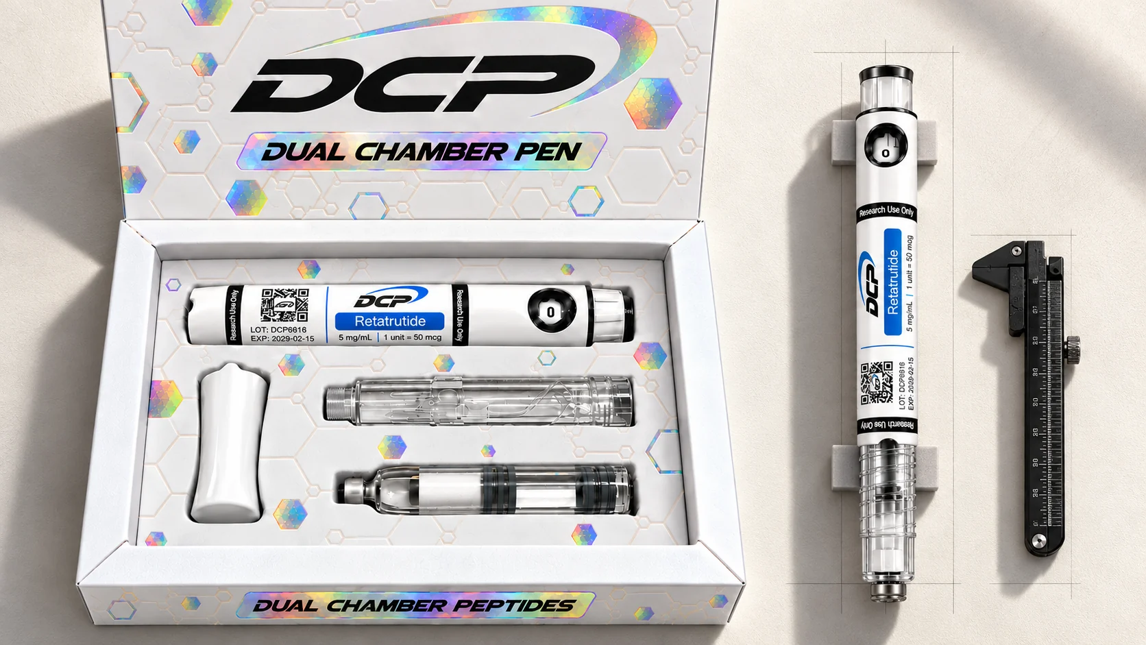 Dual Chamber Peptides — Redakční kompozice produktů; nejde o fotografii skutečných zařízení, příslušenství ani výsledků testů.